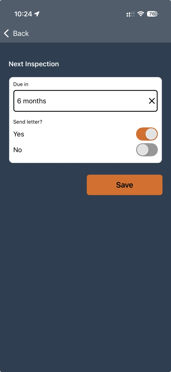 AI squared mobile screen for scheduling the next inspection and follow-up action