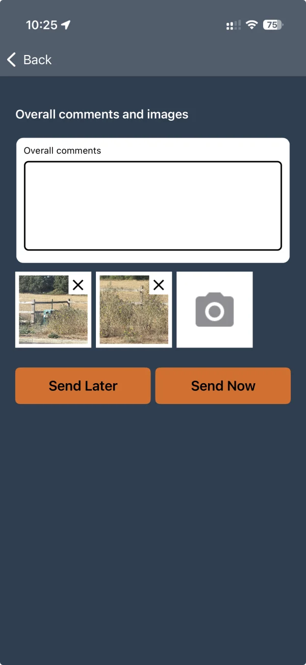 AI squared mobile inspection showing comments, photographic evidence and submission options