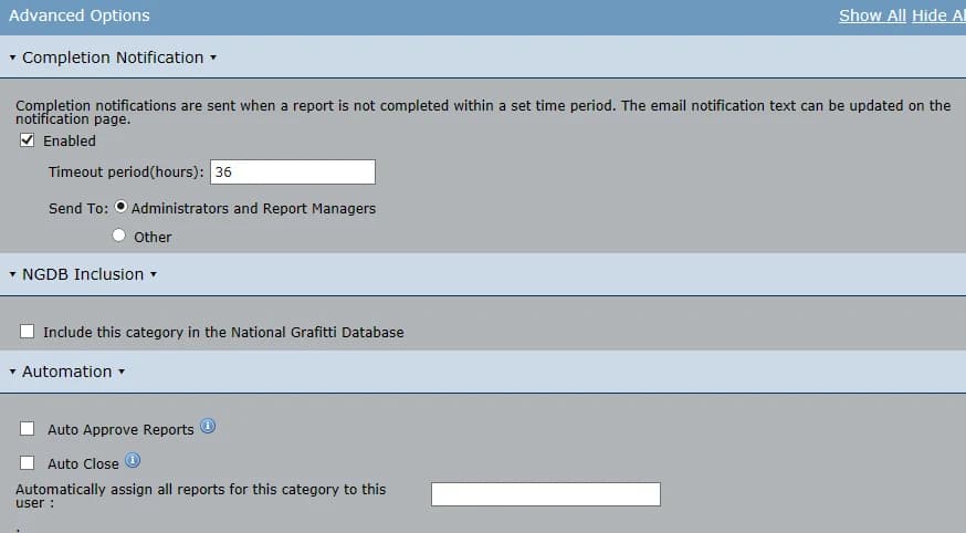 Love Clean Streets category settings for notifications, automatic approval and assignment