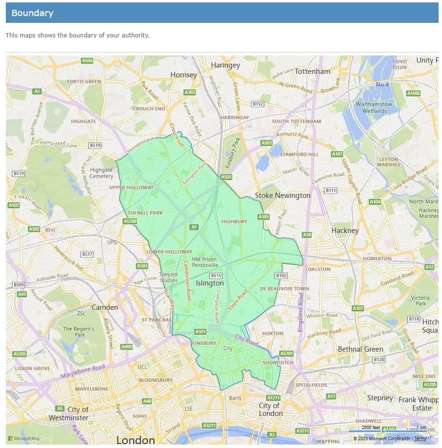 Love Clean Streets back office showing a service boundary on a map