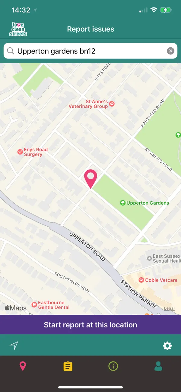 Love Clean Streets map screen for choosing the location of a report