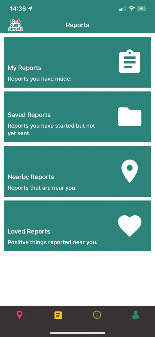 Love Clean Streets reports screen with submitted, saved, nearby and loved reports