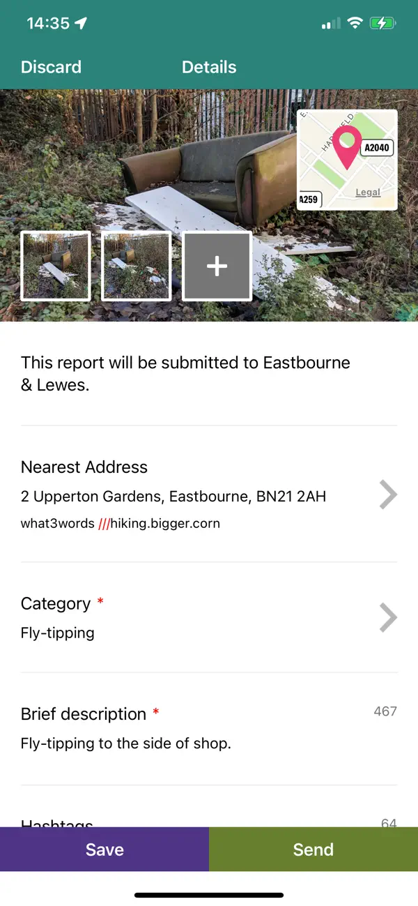 Love Clean Streets report form showing photographs, location, category and description